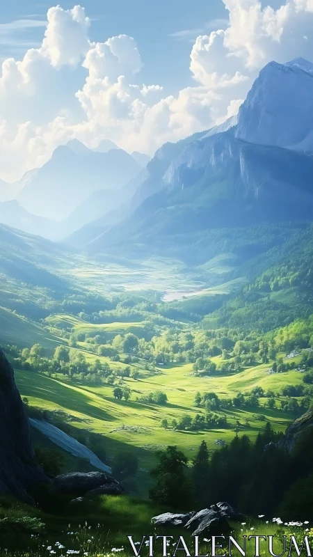 Sunlit alpine valley with dramatic peaks and cloud depth.