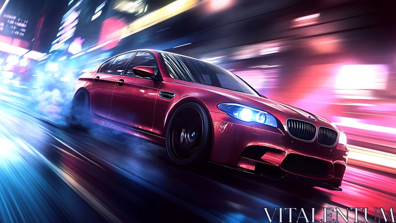 Red sports sedan is rendered drifting through neon city street