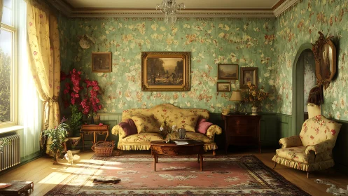 Sunlit vintage parlor showcases ornate floral decor, patina.