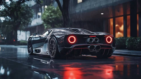 Midnight supercar glows on rain-soaked reflective street.