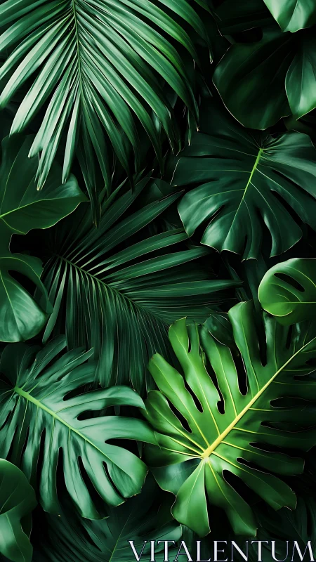 Lush overlapping tropical foliage with sculpted glossy leaves.