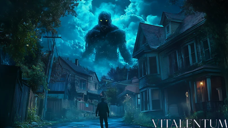 Colossal storm demon looming above abandoned suburban street.