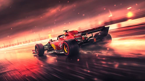 Red Formula racing car on wet track at high speed.