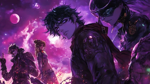 Neon cosmic squadron in atmospheric anime ensemble composition.