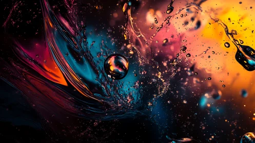 Chromatic liquid splash with neon bokeh and dynamic droplets.