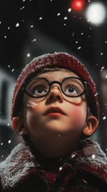 Snowlit wonder kid under city lights, eyes full of starlight.