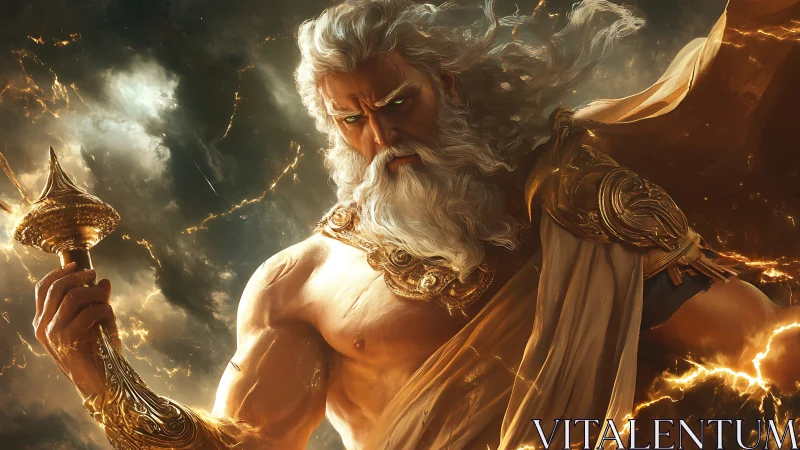 Mythic armored figure amid storm clouds and golden light.