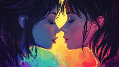 Two figures connected by luminous energy in vibrant neon colors.