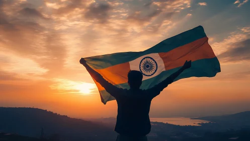 Silhouette holds Indian flag against radiant sunrise sky.