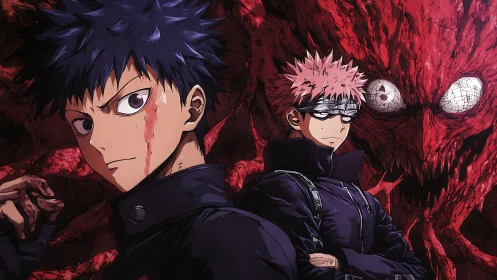 Two anime figures stand before large red monstrous entity