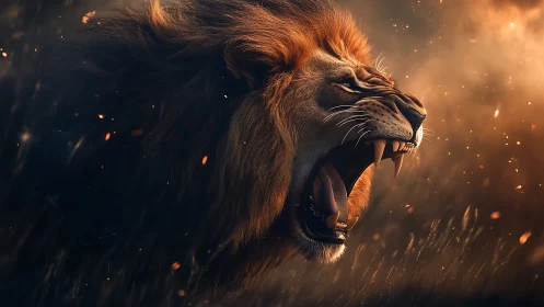 Roaring lion bursts through glowing embers in golden dusk