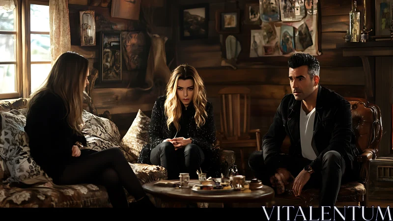 Tense conversation unfolds in warm rustic cabin interior.