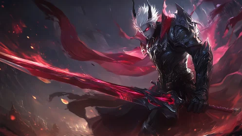 Demonic swordsman in ornate black armor channels red spectral energy