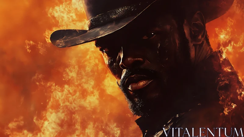 Gunfire outlaw emerges from wildfire dusk like living ember.