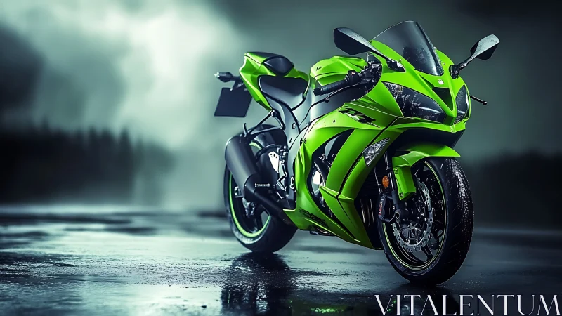Lime green superbike on wet asphalt under stormy sky