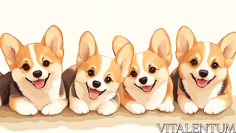 Four cartoon corgis lined up with bright happy expressions.