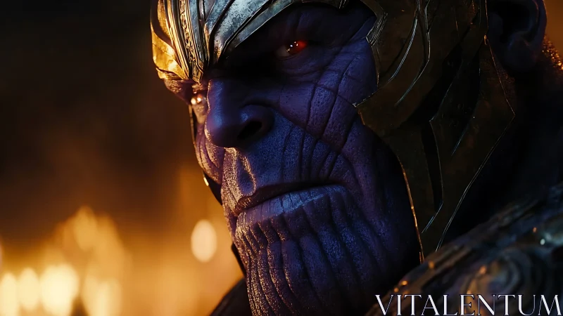 Cinematic close-up of armored purple titan under warm firelight