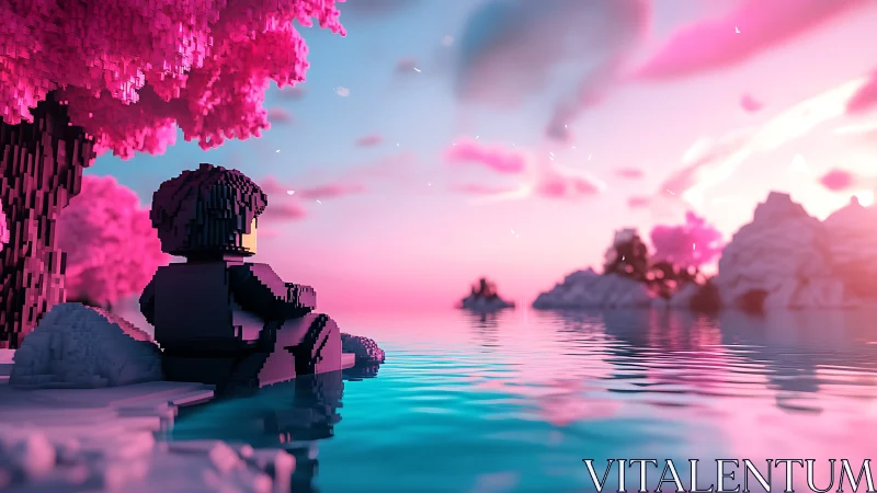 Voxel figure overlooking neon sunset lake in pink bloom.