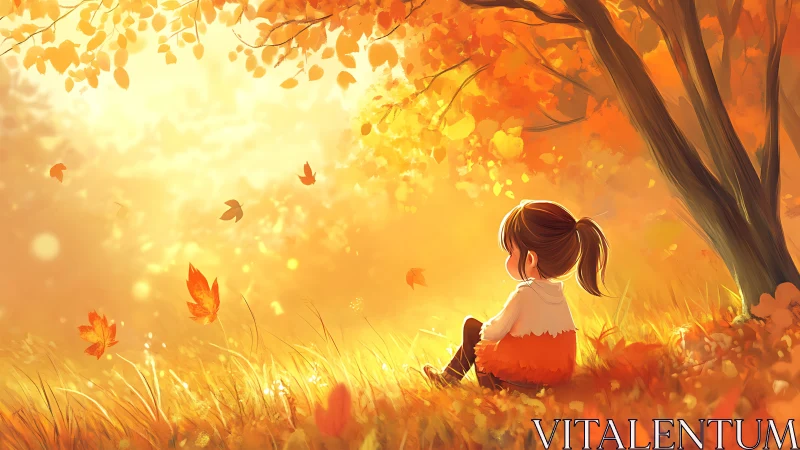 Child sits under autumn tree in warm backlit scene