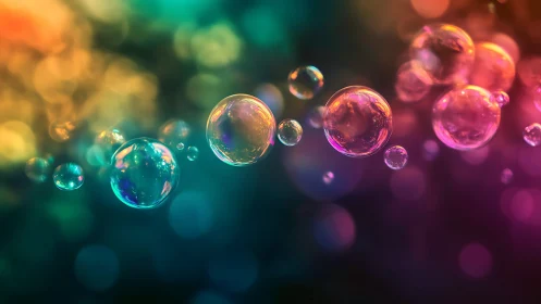 Colorful translucent bubbles on blurred rainbow backdrop.