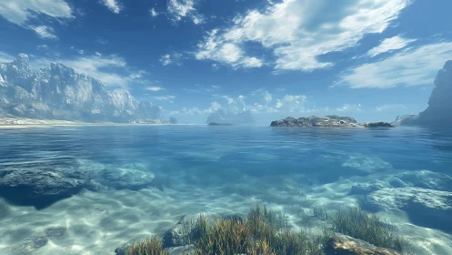 Coastal lagoon with crystalline shallows and distant cliffs.
