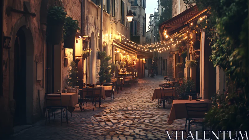 Romantic cobblestone alley glows with warm café evening lights