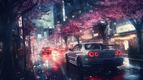 Neon raindrift skyline with cherry bloom midnight street race.