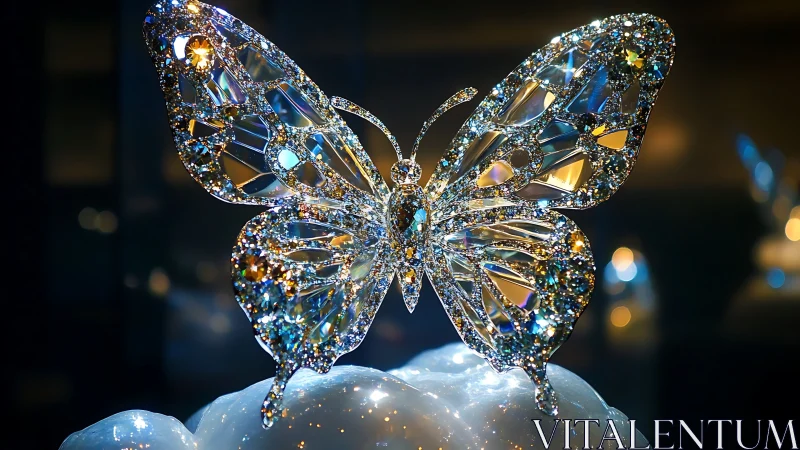 Crystal-winged butterfly sculpture shimmering in starlit glow.