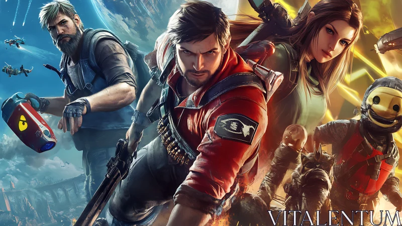 Sci fi trio and robot squad in dynamic orbital combat stance