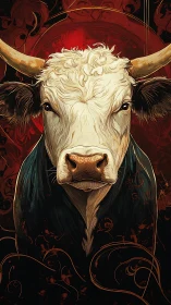 Majestic white bull stares ahead against ornate red swirls