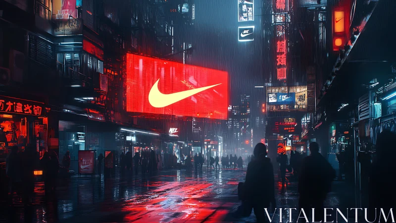 Cyberpunk streetscape with monolithic red LED billboard focus.