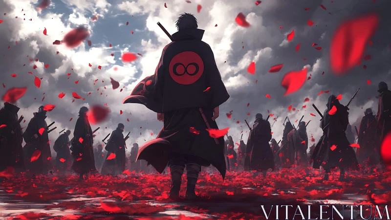 Samurai cloaked commander amid crimson petals under storm clouds