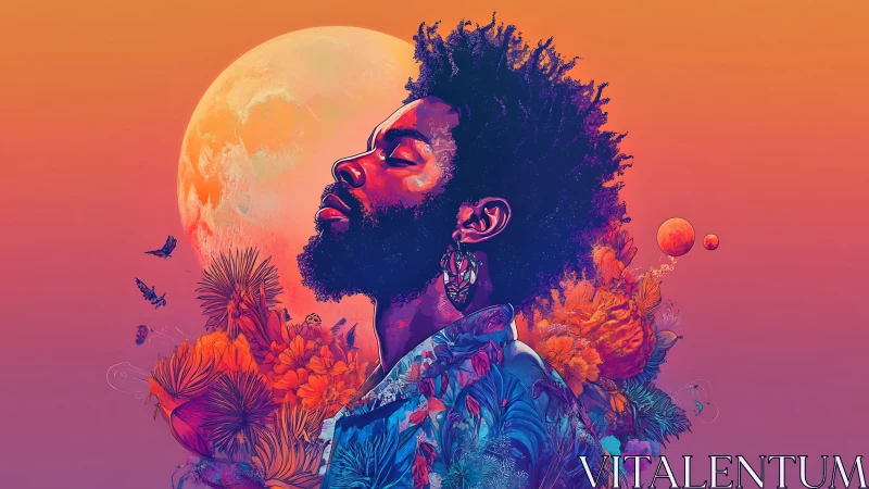 Serene black man in cosmic floral landscape under radiant moon