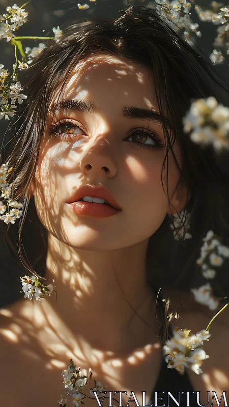 Backlit portrait with floral bokeh and high-contrast dappled light