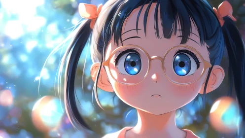 Girl with glasses studies glowing bokeh forest light.