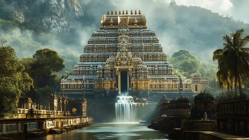 Tiered temple complex over waterfall in misty valley.