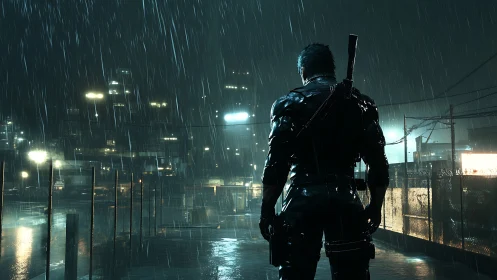 Lone rain-soaked warrior overlooking a restless neon city.