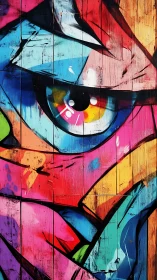 Vibrant graffiti eye painted across weathered wooden boards