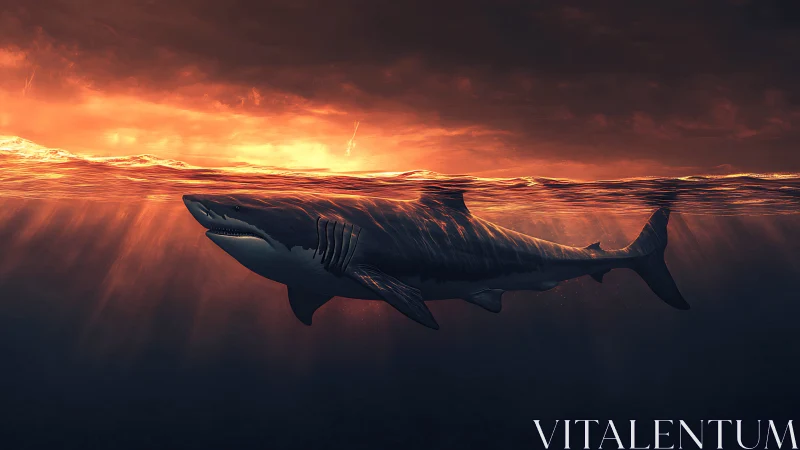 Shark swims below sunlit ocean surface at low viewing angle