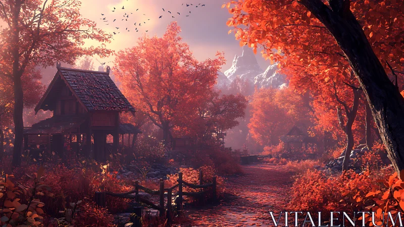 Digital painting of autumn forest village with path perspective.