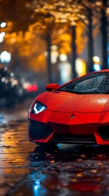 Red Lamborghini on wet city street under night lights.