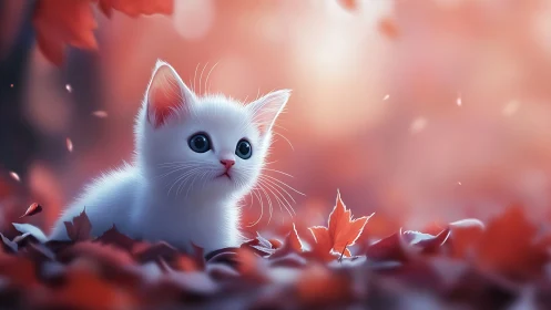 Ivory Kitten Discovers Wonder Among Falling Autumn Leaves