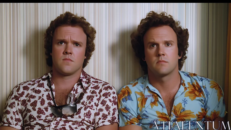 Retro twin portrait in patterned floral shirts, striped wall