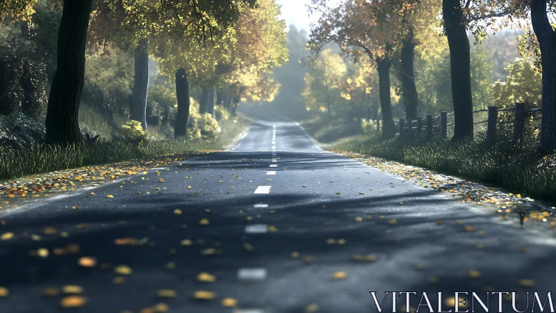 Sunlit autumn roadway vanishing into misty forest calm.