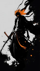 Silhouetted katana warrior in high-contrast black and orange ink