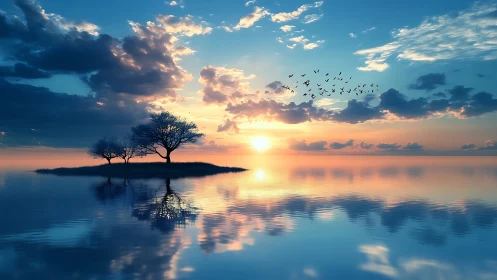 Sunset over reflective lake with silhouetted island trees.