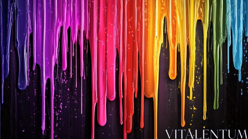 Vertical rainbow drips of glossy paint on dark surface.