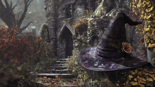 Worn pointed hat rests before ivy-covered stone ruin wall