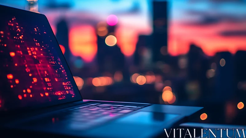 Open laptop glows against cyber-noir city bokeh at dusk