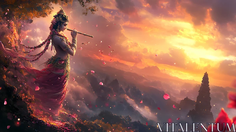 Divine figure with flute above misty valley at sunset.